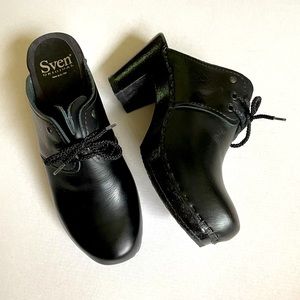 Sven Tie Clogs with Split Tongue High Heel Black Leather EU 39 / US 8-8.5